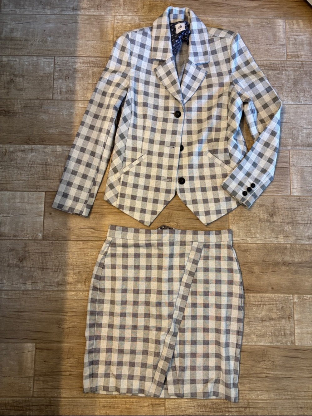 Cabi Two-Piece Plaid Skirt Suit in Cream and Gray